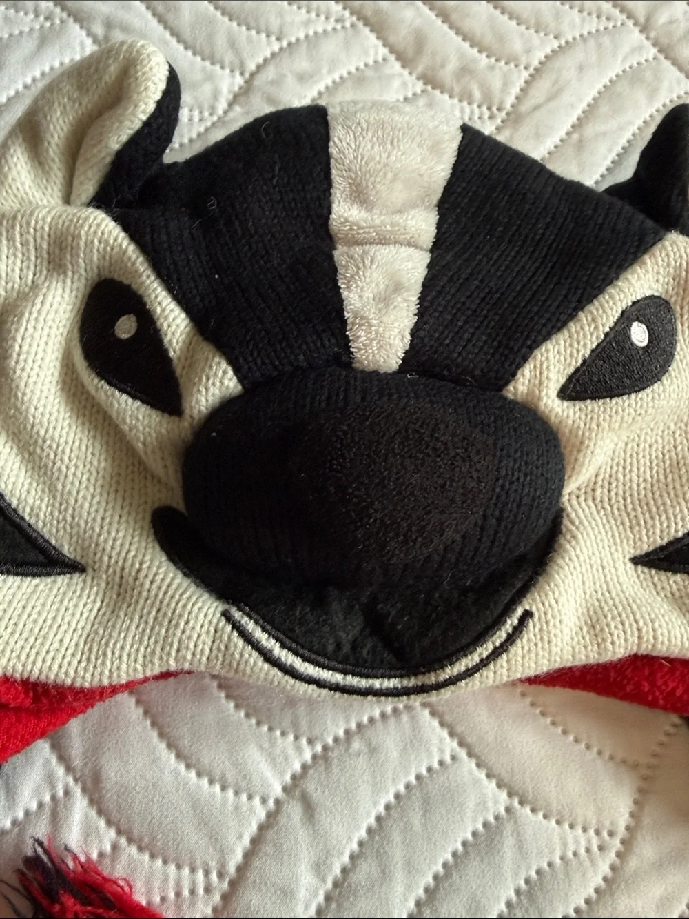 WI Bucky Badger Animal Beanie Hat - Black, White & Red